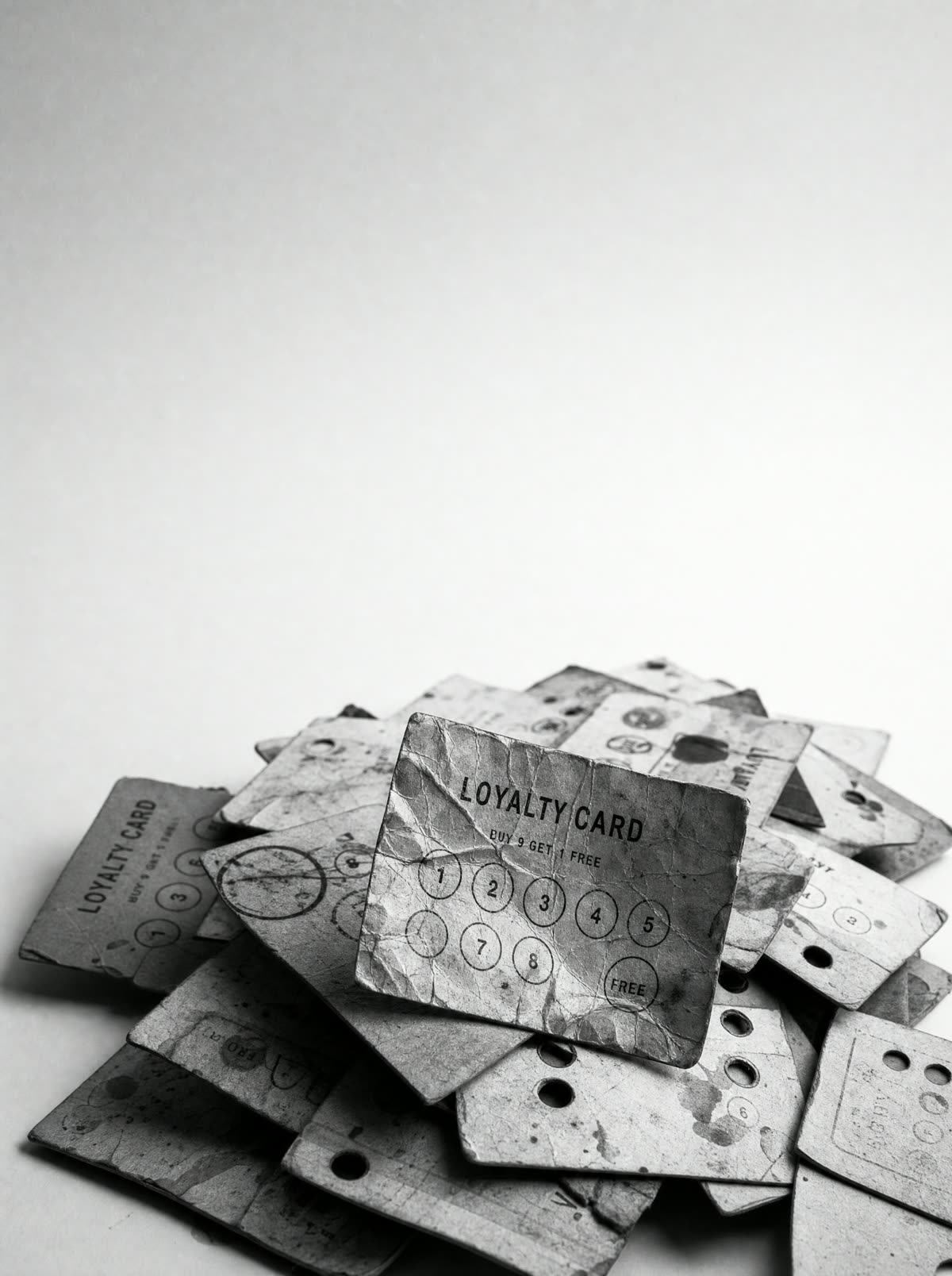 Tarjetas de sellos de cartón perdidas y arrugadas